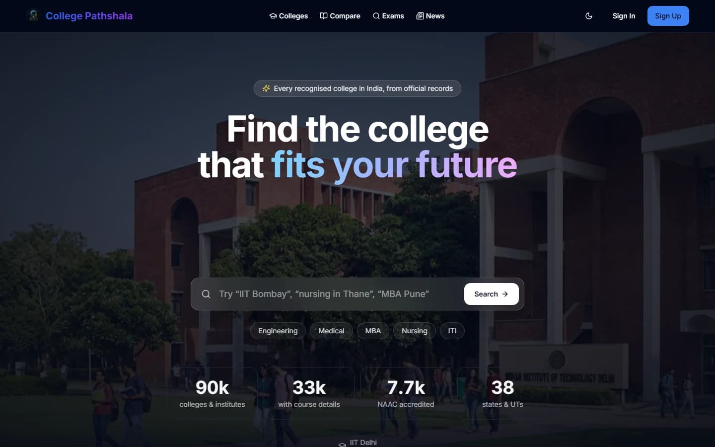 College Pathshala homepage with college search